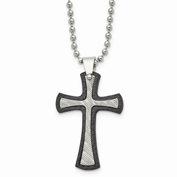 Stainless Steel Polished Solid Black Carbon Fiber Cross Crucifix Necklace 